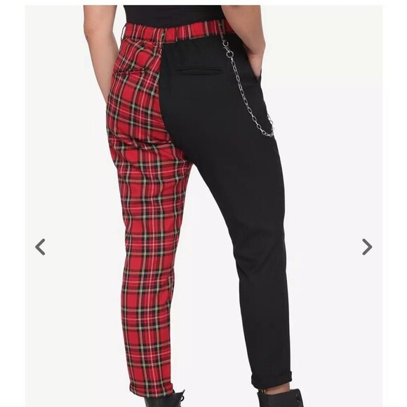 Hot Topic Plaid Split Leg Pants Removable chain Academia Medium Tartan Red Black - Picture 4 of 14